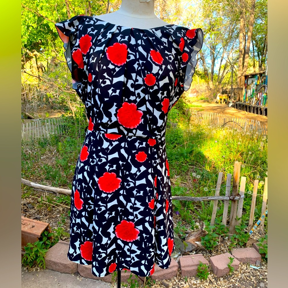 Rinascimento Italian Flirty Dress-L Black & White W/Red Flowers